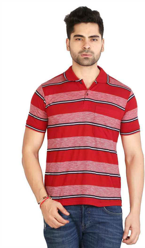 Awack  Striped Men Polo Neck Red T-Shirt